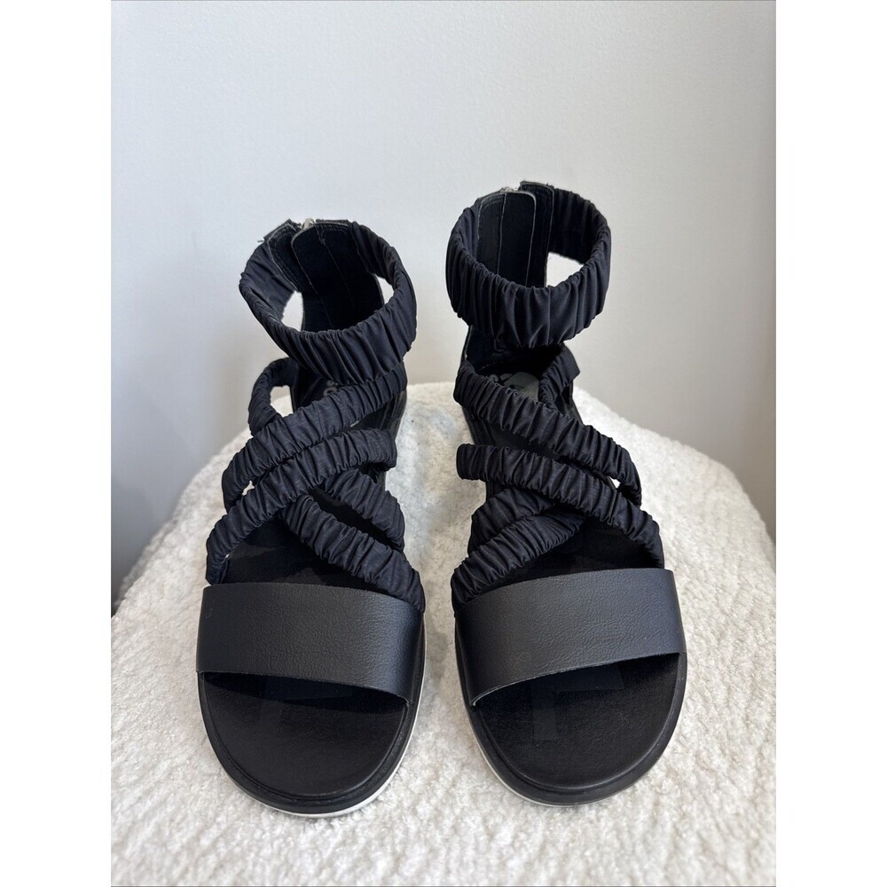 SOREL Ella II Ankle Strap Sandals Women 8.5 Black Sporty Ruched Gladiator